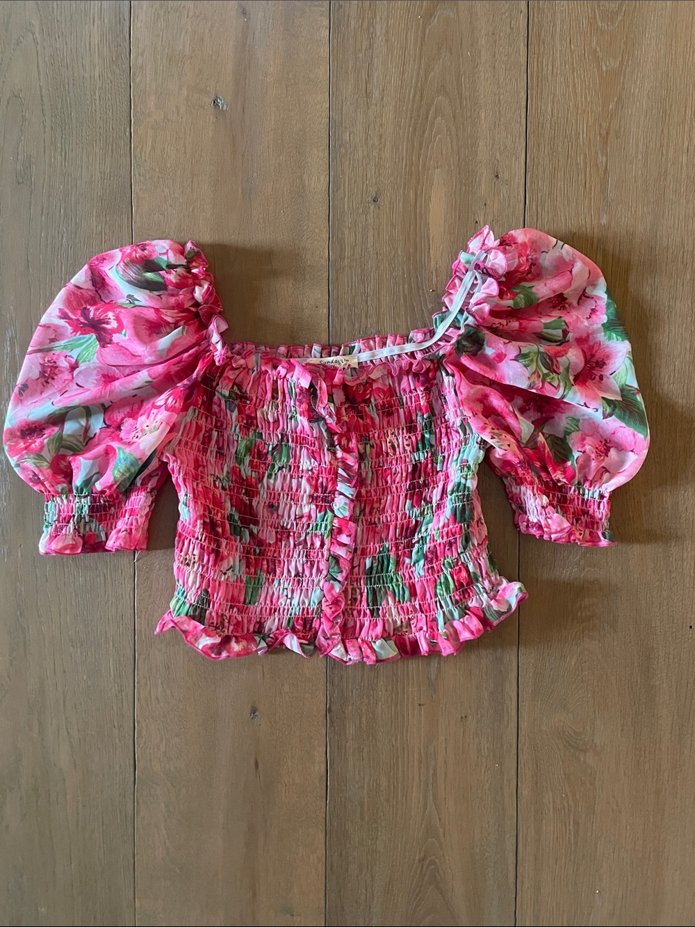 Hot Pink Floral Top with Puffy Sleeves- size S